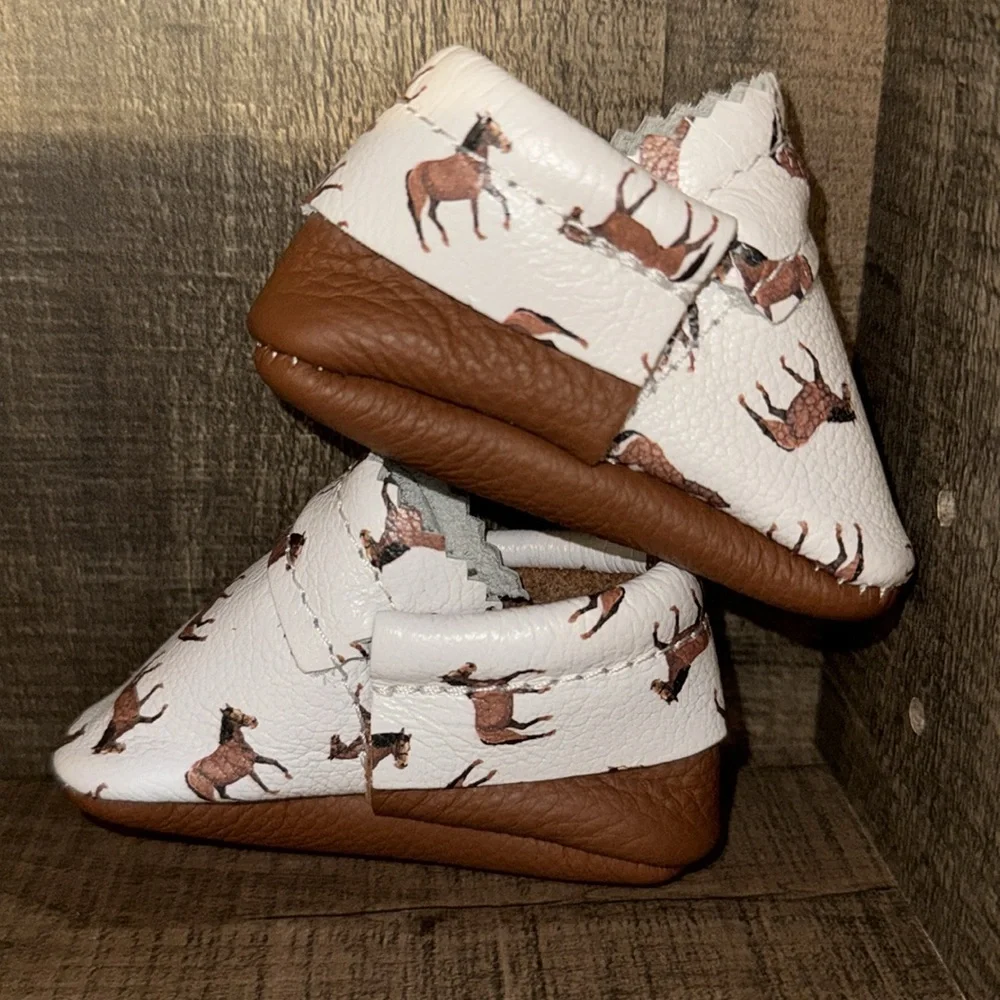 MISH MOCCS Kids Leather Moccasins with Horse Print- size NB